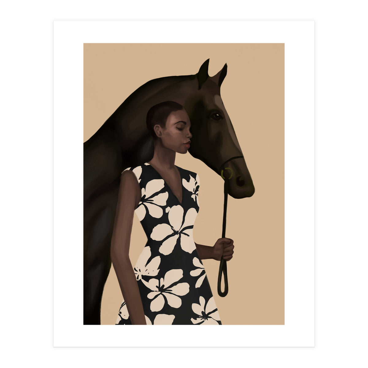 Woman In Bold Print With Black Horse (Print Only)