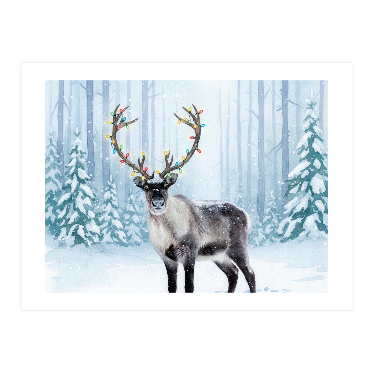 Reindeer with Christmas Lights, Deer Magical Winter Art  (Print Only)