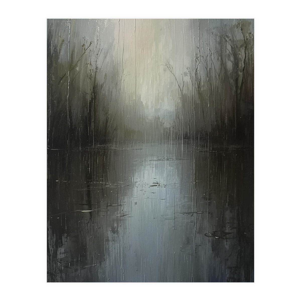 Ethereal Rainy Lake Forest Oil Painting (Print Only)