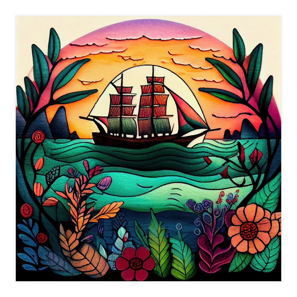 Folk Sunset Sailing Ship (Print Only)