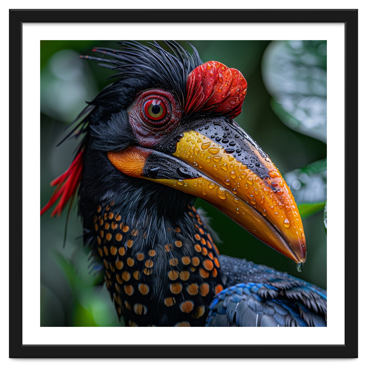 Close Up Of Helmeted Hornbill Bird In Rain