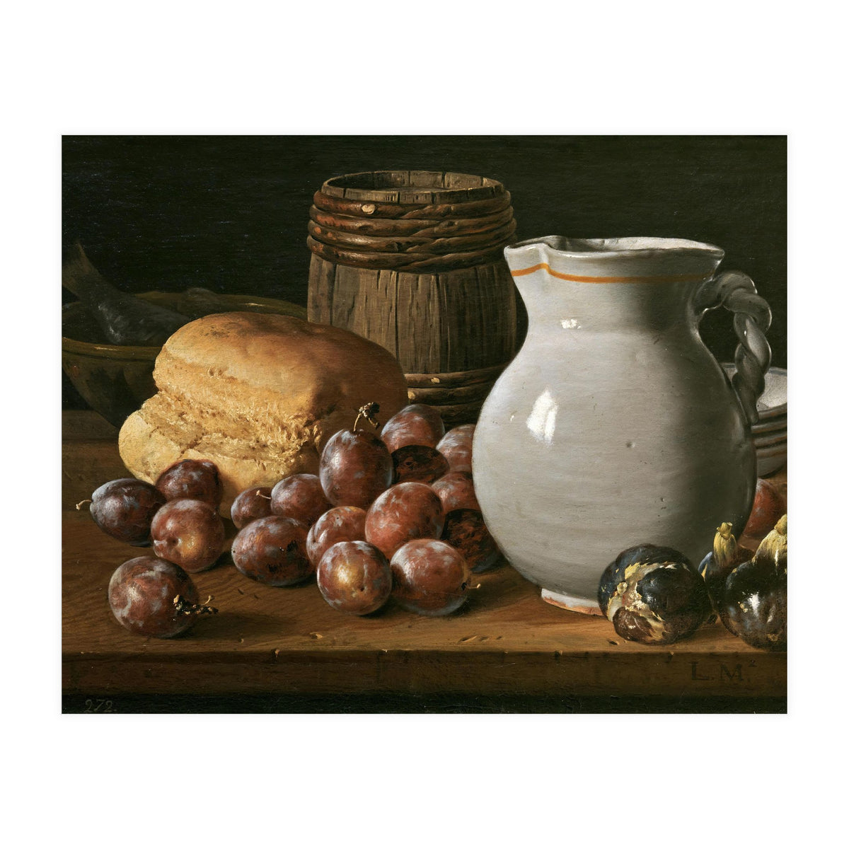 Luis Egidio Meléndez / 'Still Life with Plums, Figs, Bread and Fish', 18th century, Spanish School. (Print Only)