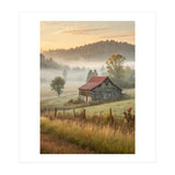 Rustic Red Roof Barn in Misty Morning Valley Landscape (Print Only) thumbnail
