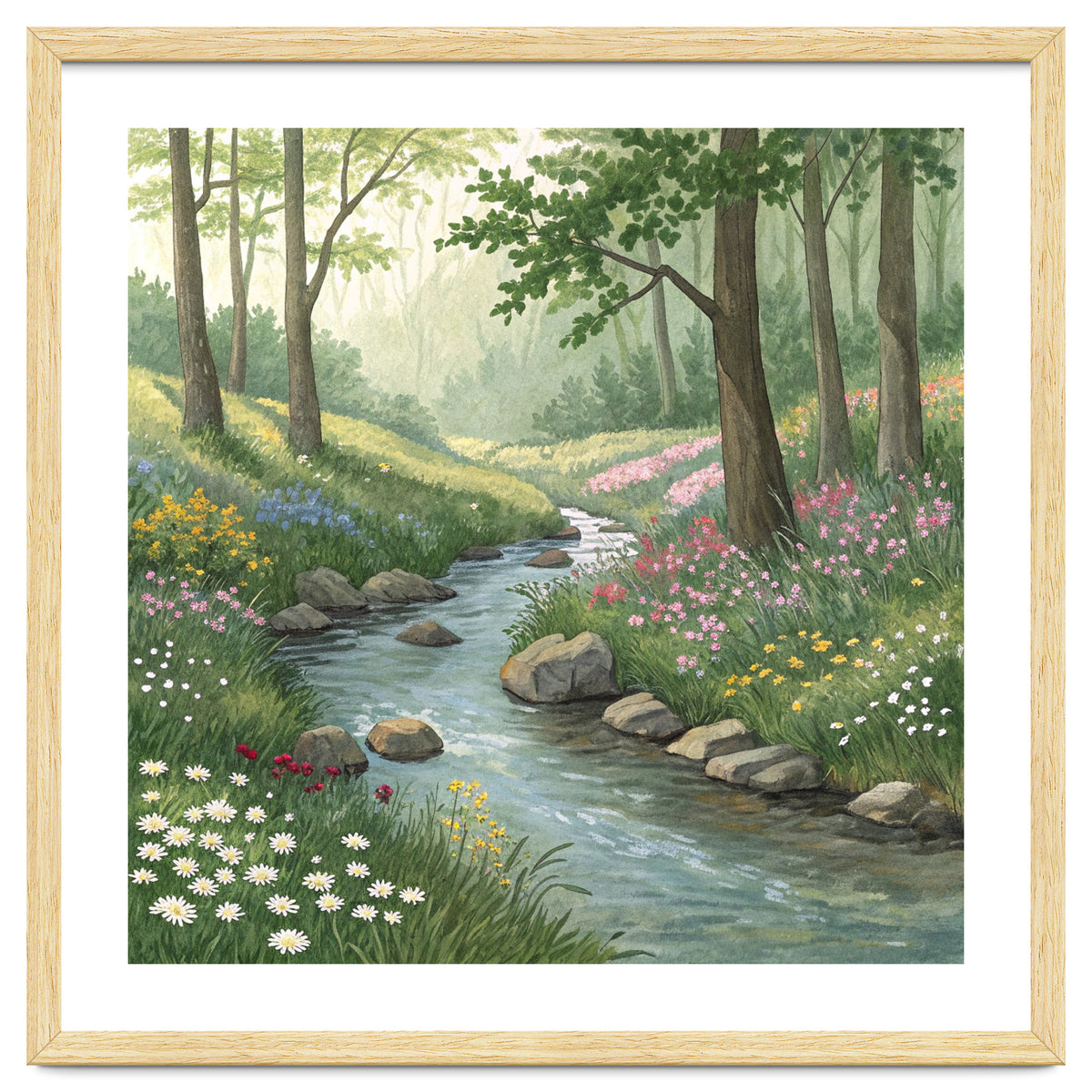 Vibrant Forest Stream Watercolor Painting