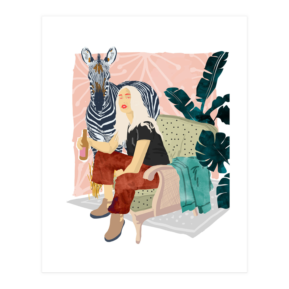 Zebra Hangout | Wildlife Urban Jungle Décor | Banana Leaves Monstera Plant Lady Fashion  (Print Only)