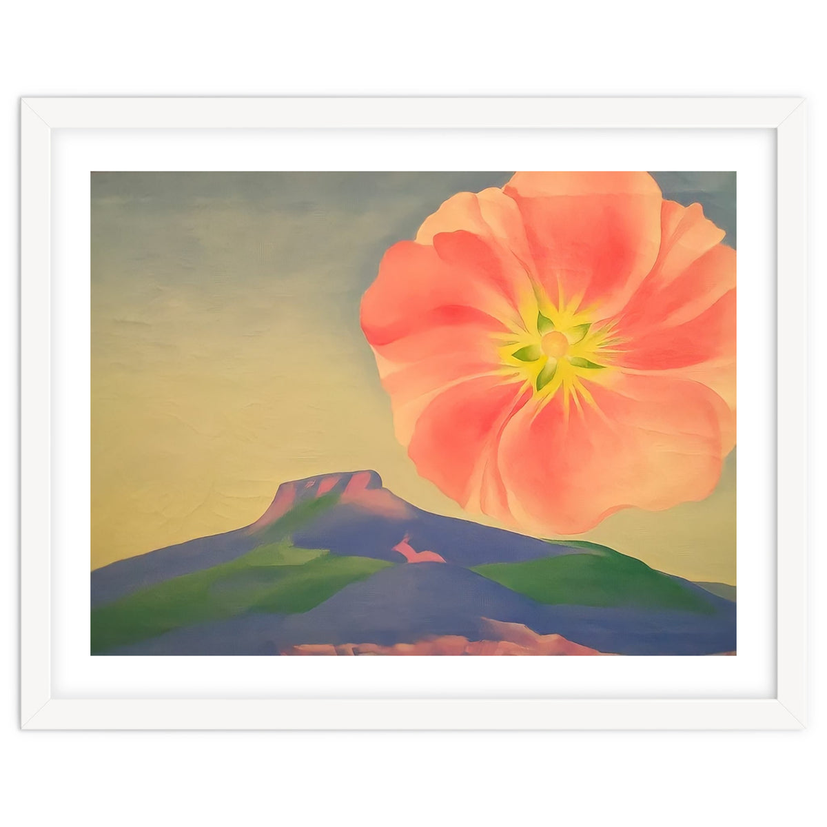 Georgia O’Keeffe – Hollyhock Pink with Pedernal (1937) | Vibrant Modernist Floral Landscape of New Mexico