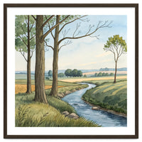 Pastoral Countryside Watercolor Painting with Winding Stream Meadows and Deciduous Trees Landscape