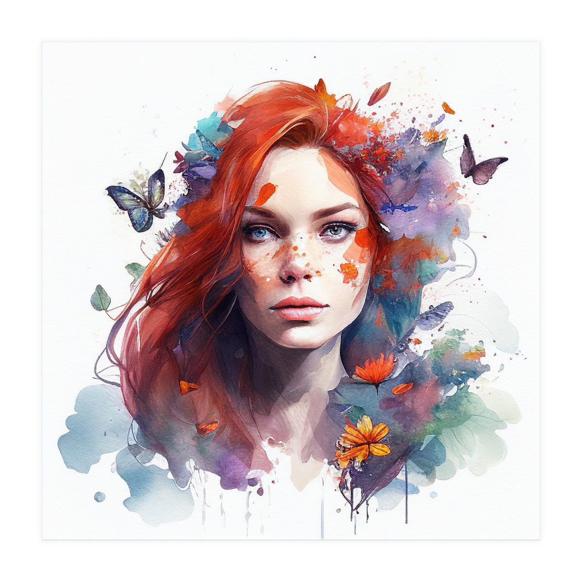 Watercolor Floral Red Hair Woman #3 (Print Only)
