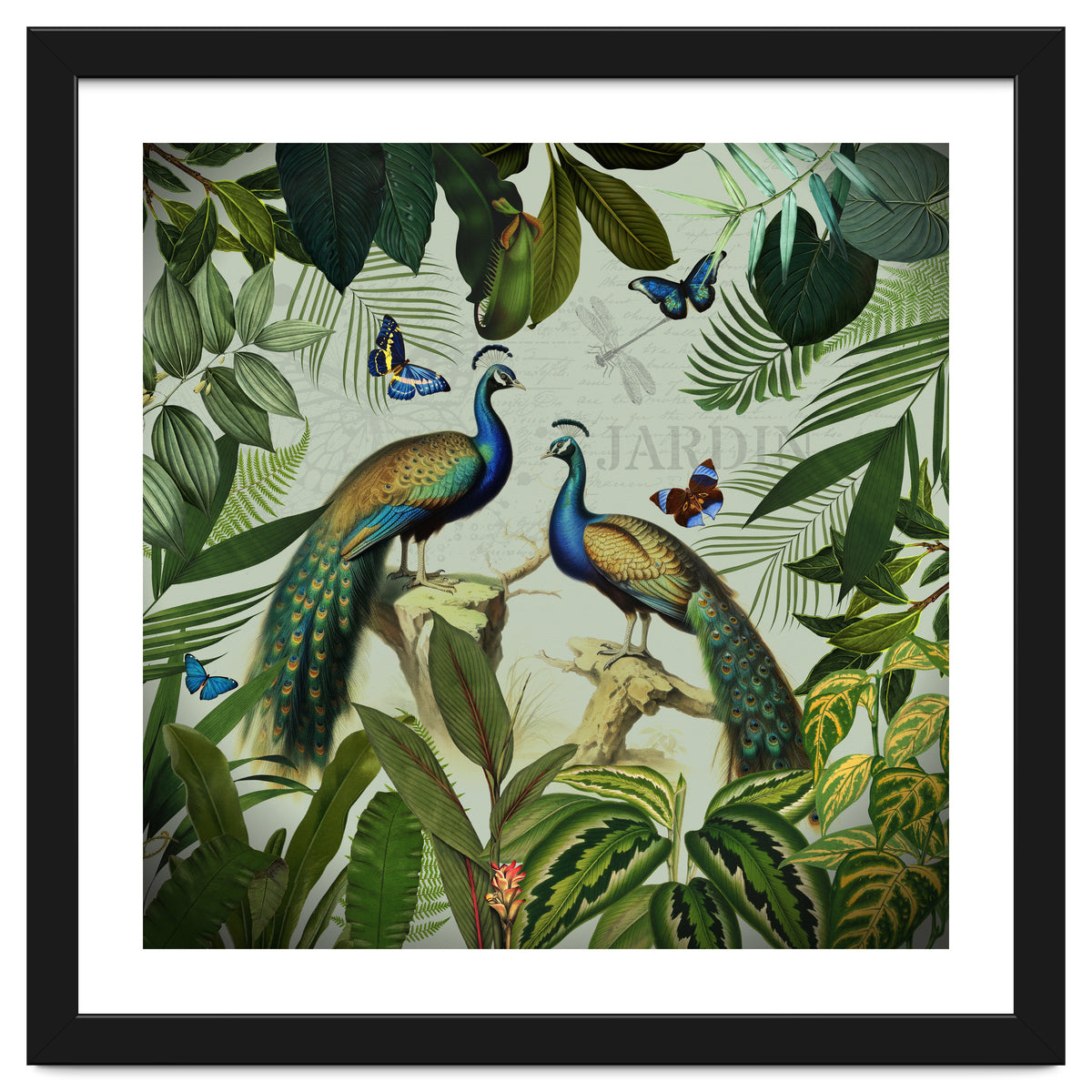 Vintage Exotic Asian Peacocks In Tropical Jungle Landscape