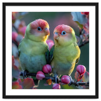 Two Lovebirds On A Branch Surrounded By Berries