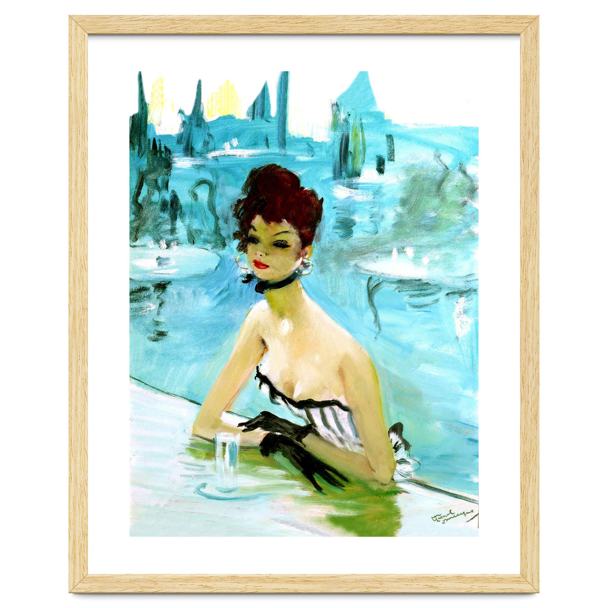 Pinup Girl In Cafe, Watercolor Painting