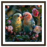 Two Lovebirds Perched On A Branch Near Flowers thumbnail