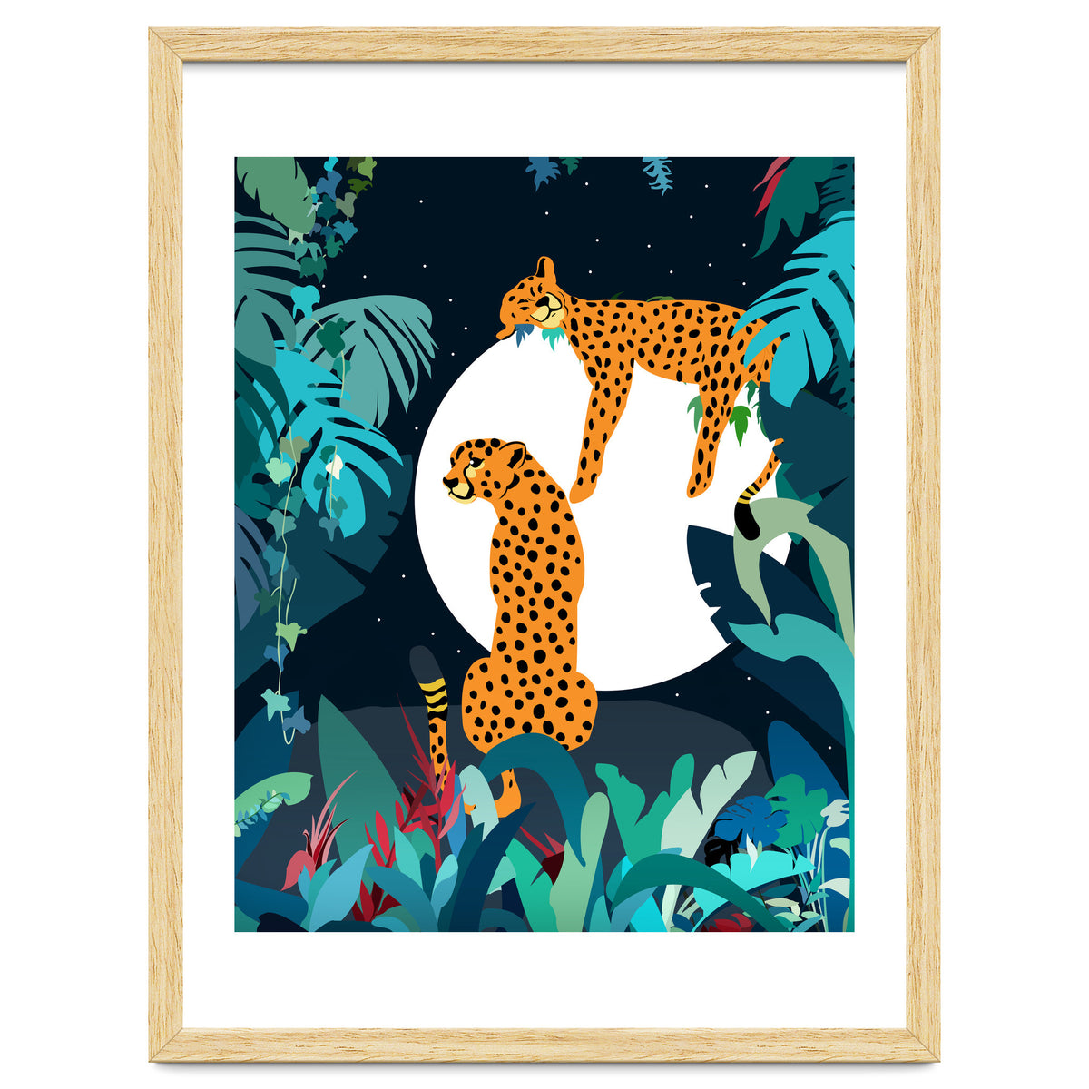 Over The Moon, Leopard In Love, Jungle Wildlife Tropical Tiger Botanical, Nature Cat Dark Animals
