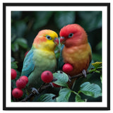 Lovebirds Perched Amidst Red Berries And Green Foliage thumbnail