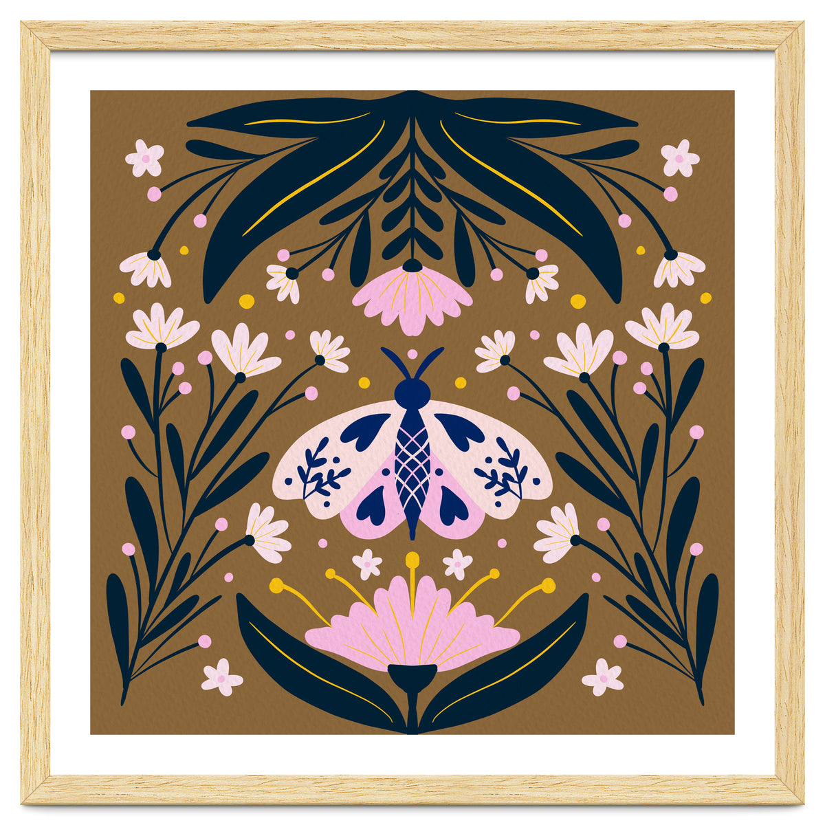 Pink Moth with Flowers on a brown background