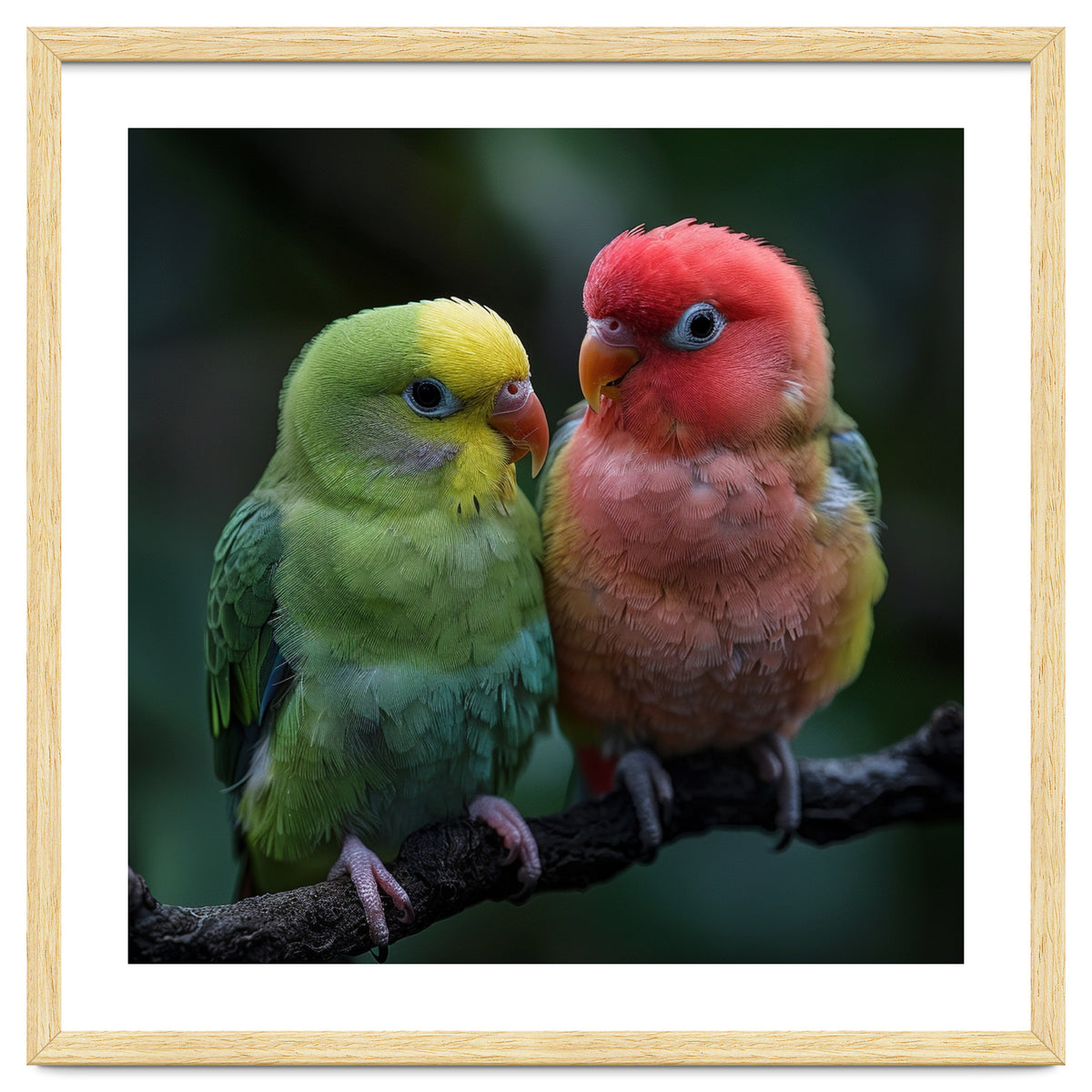 Two Lovebirds Sitting Together On A Branch