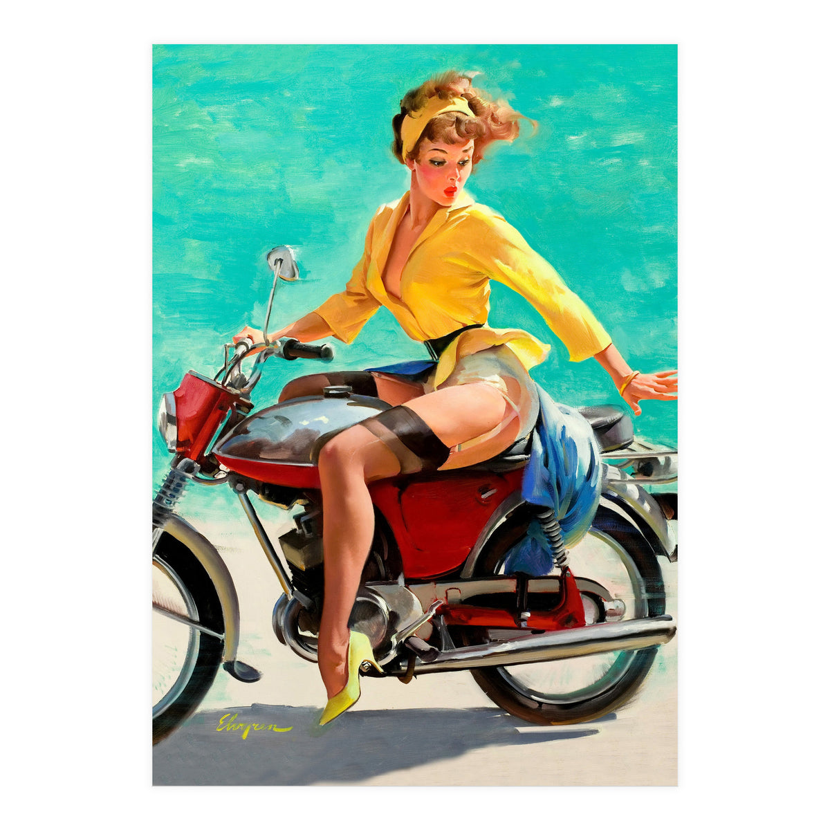Pinup Sexy Motorcycle Girl (Print Only)