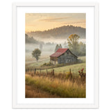 Rustic Red Roof Barn in Misty Morning Valley Landscape thumbnail