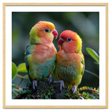 Lovebirds Pair Perched On Mossy Branch Outdoors thumbnail