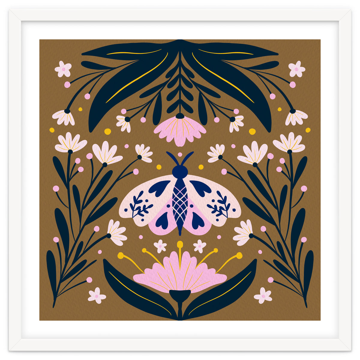 Pink Moth with Flowers on a brown background