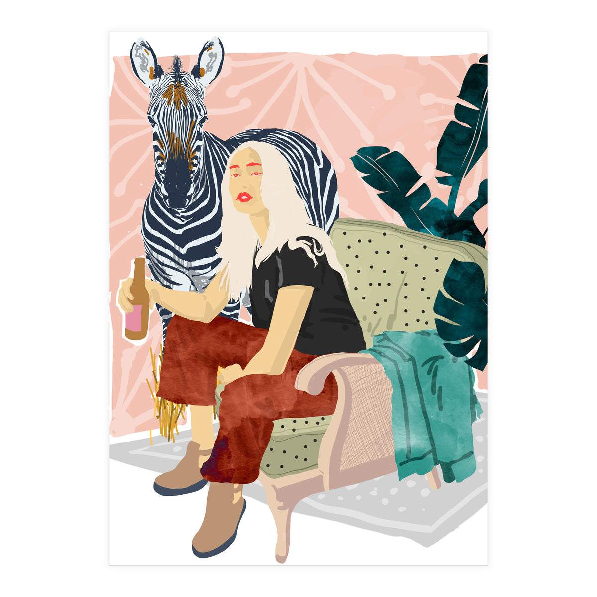 Zebra Hangout | Wildlife Urban Jungle Décor | Banana Leaves Monstera Plant Lady Fashion  (Print Only)