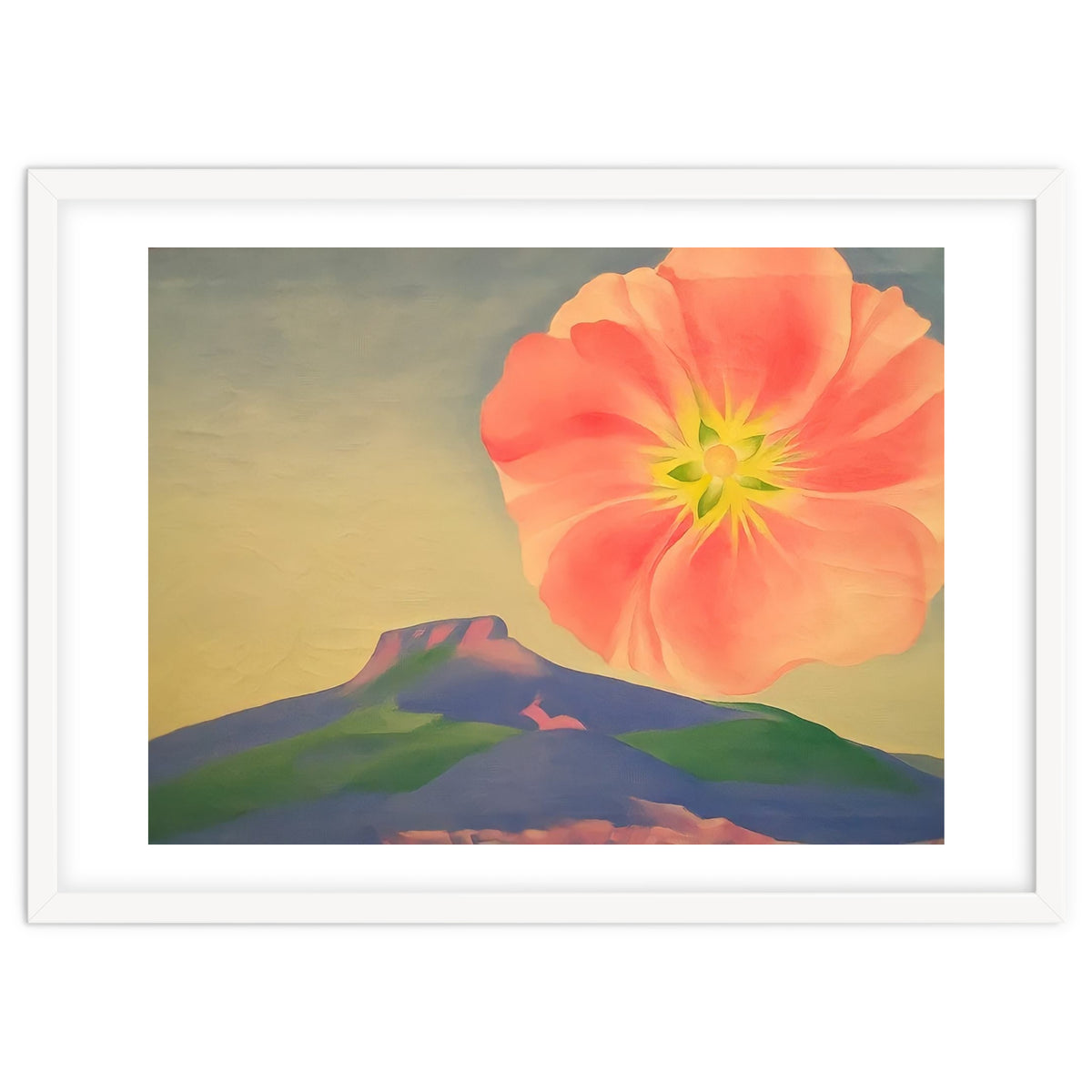 Georgia O’Keeffe – Hollyhock Pink with Pedernal (1937) | Vibrant Modernist Floral Landscape of New Mexico