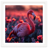 Pink Flamingo Bird Standing Among Flowers At Sunset thumbnail