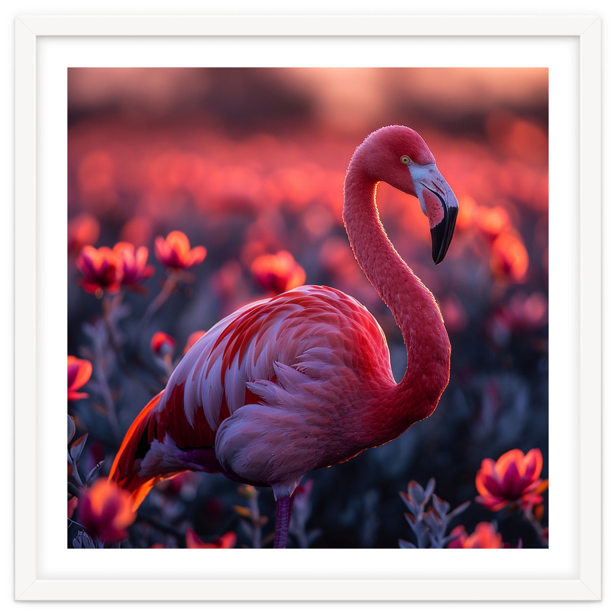 Pink Flamingo Bird Standing Among Flowers At Sunset