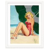 Sexy Pinup Girl On The Beach Under Big Sunshade thumbnail