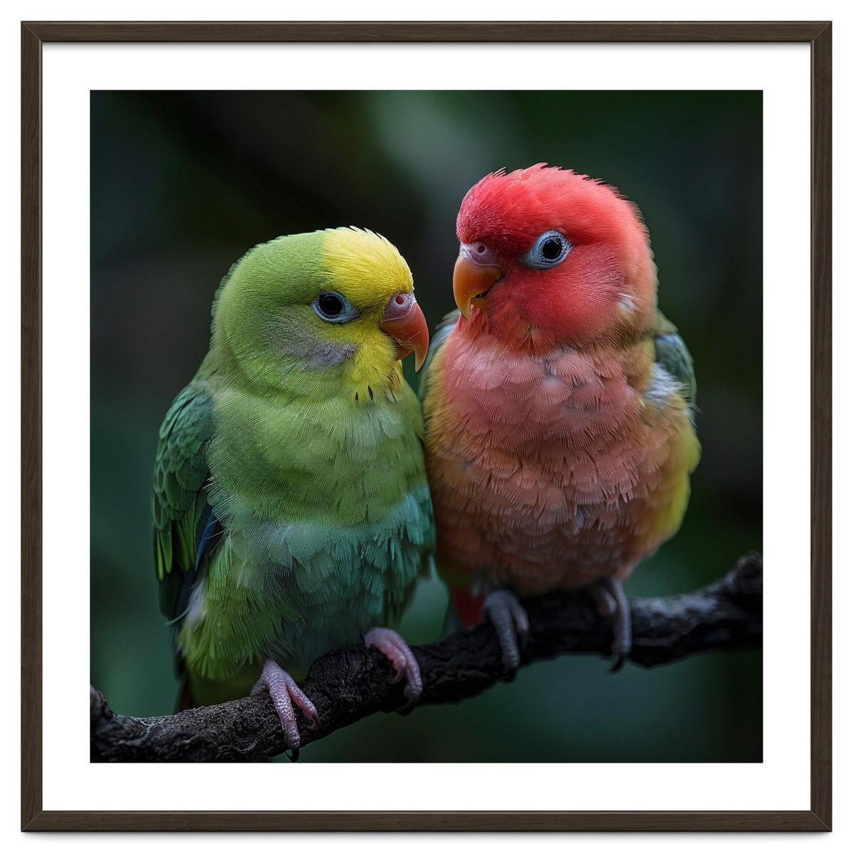 Two Lovebirds Sitting Together On A Branch