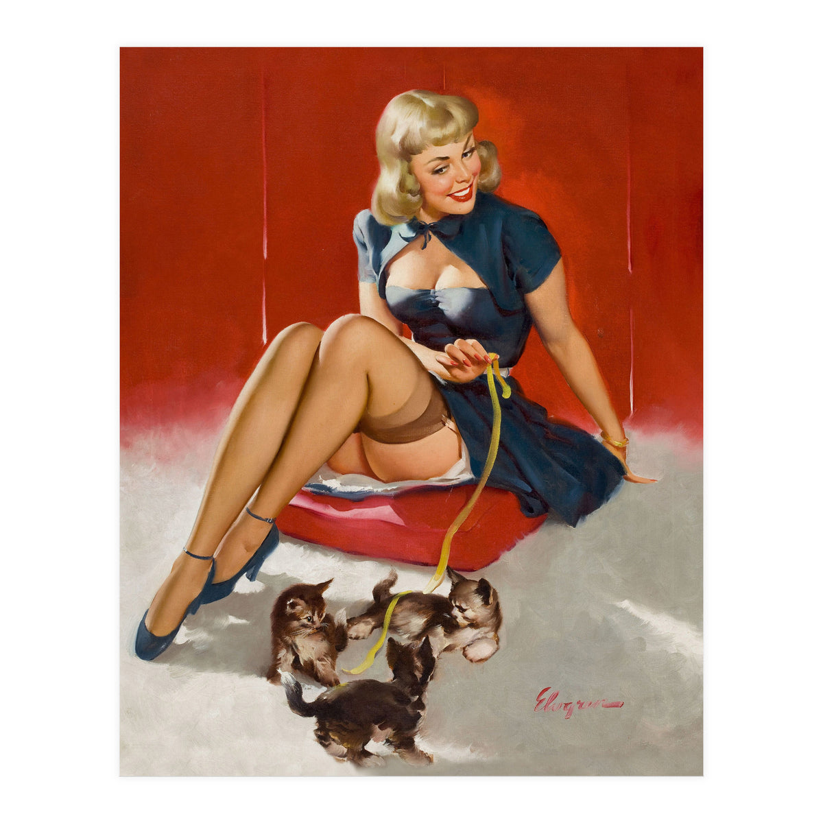 Pinup Sexy Girl Playing With Her Little Cats (Print Only)
