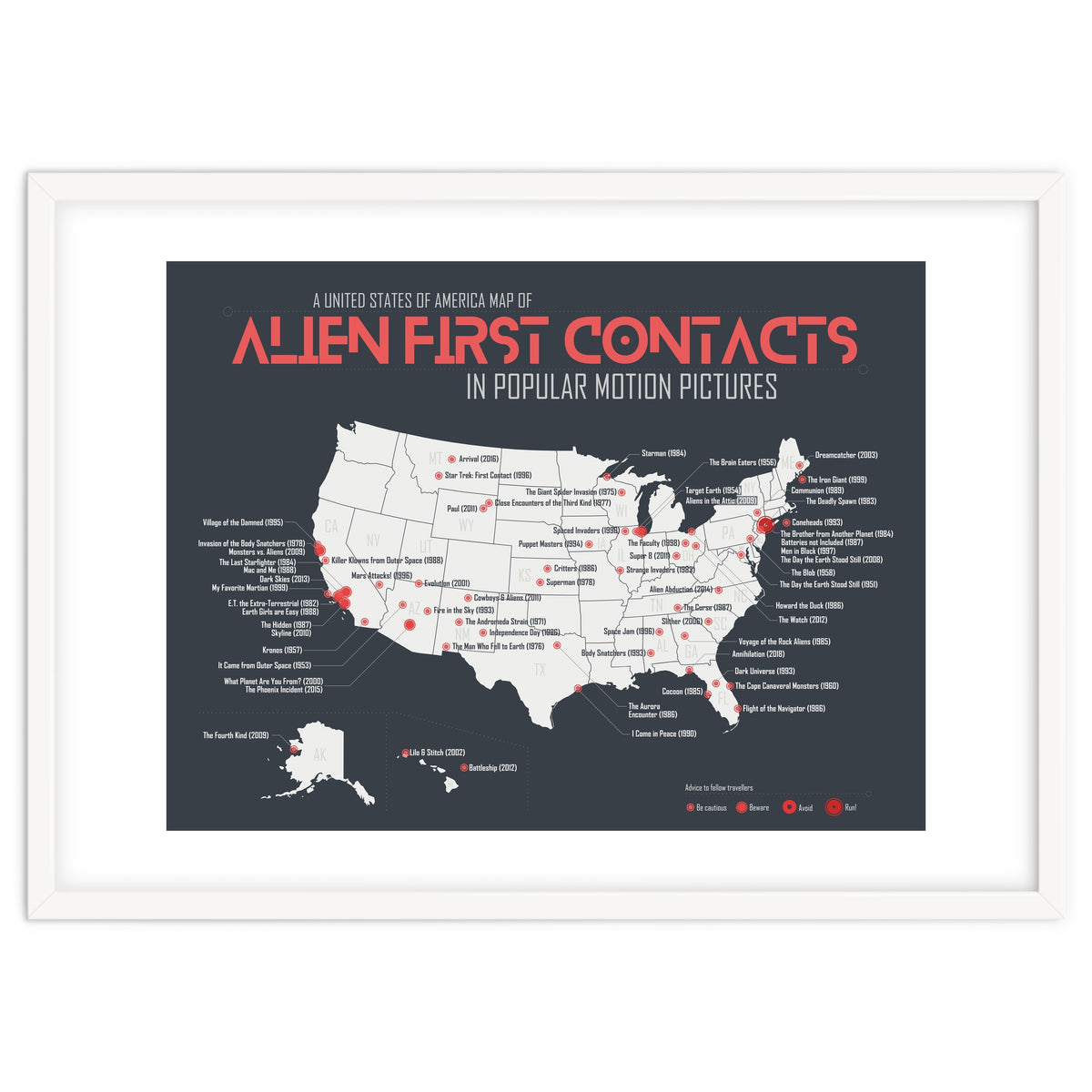 USA Map of Alien First Contacts in Movies