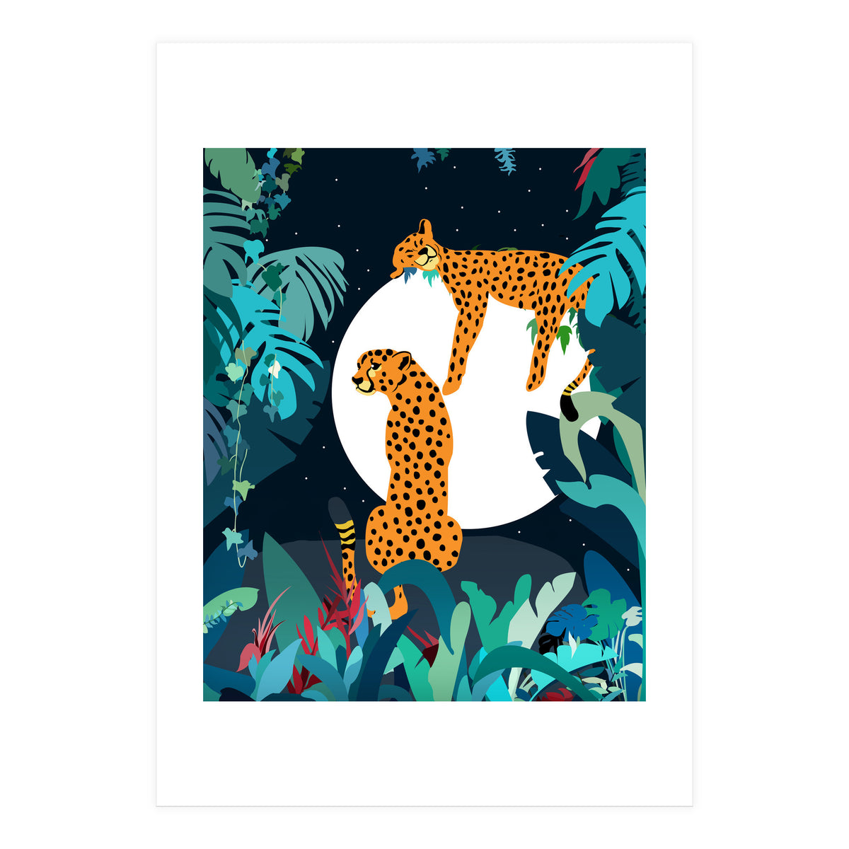 Over The Moon, Leopard In Love, Jungle Wildlife Tropical Tiger Botanical, Nature Cat Dark Animals (Print Only)