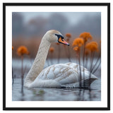White Swan Swimming In A Lake With Reeds thumbnail