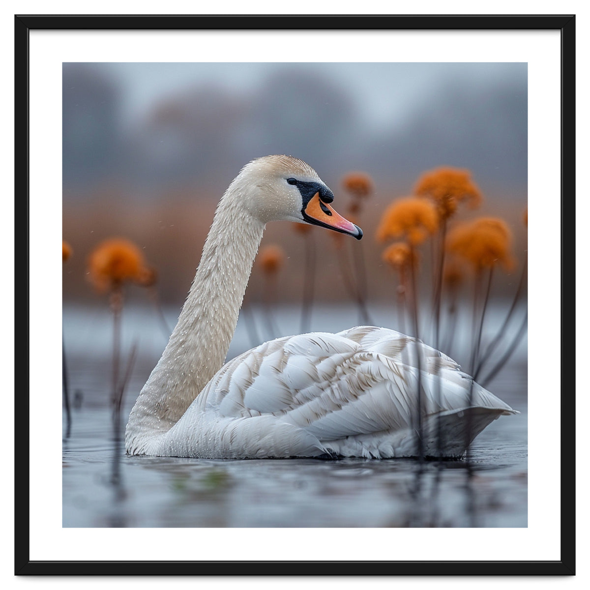 White Swan Swimming In A Lake With Reeds