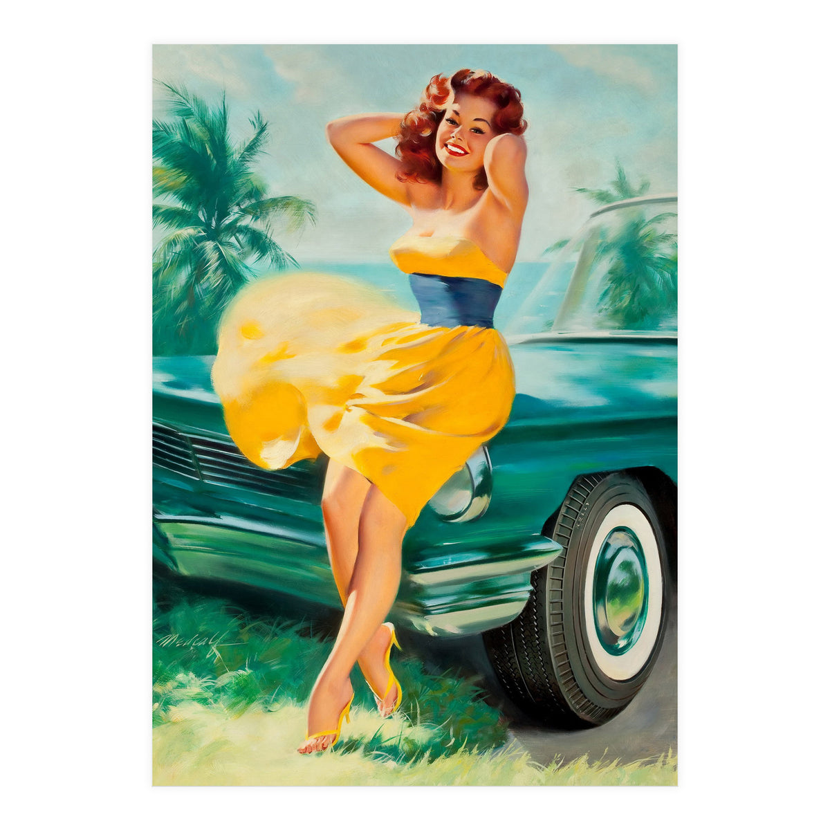 Pinup Girl Posing In Front Of The Car (Print Only)