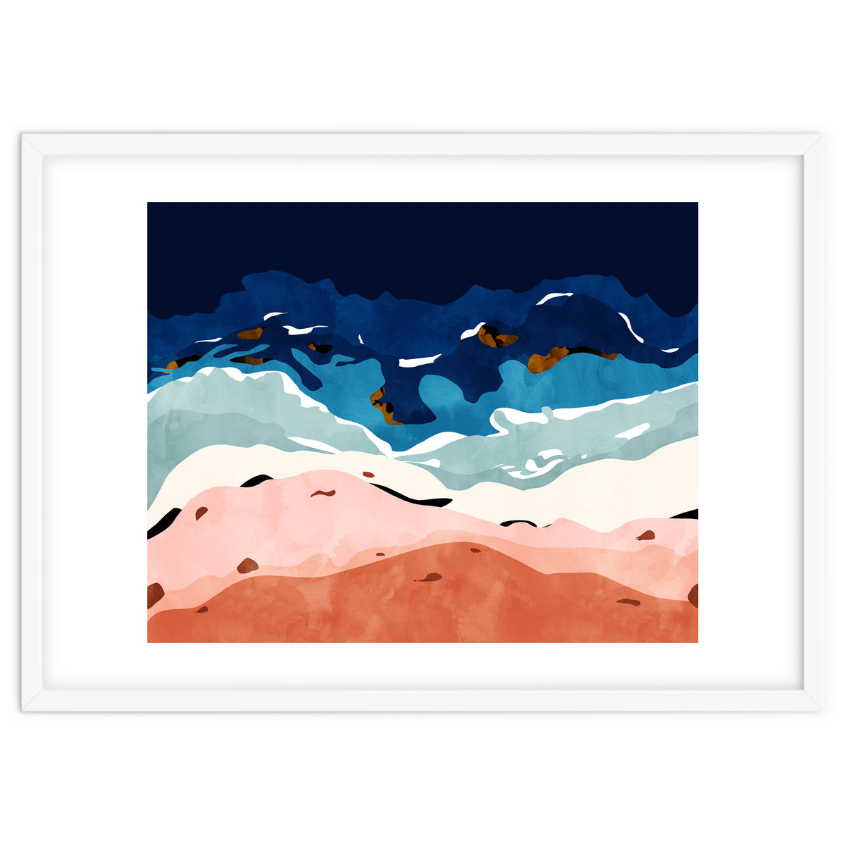 Ocean Heart, Abstract Sea Waves, Tropical Travel Watercolor Painting, Eclectic Bohemian Beach Nature