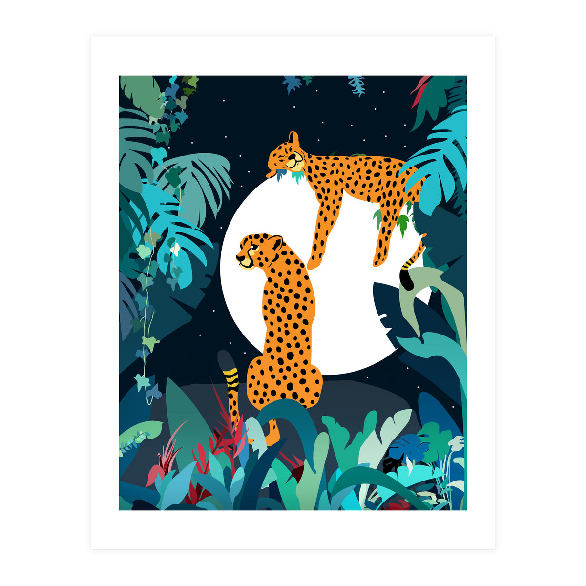 Over The Moon, Leopard In Love, Jungle Wildlife Tropical Tiger Botanical, Nature Cat Dark Animals (Print Only)