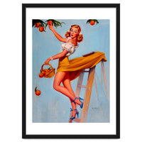 Pinup Sexy Woman Picking Oranges On A Tree Branch