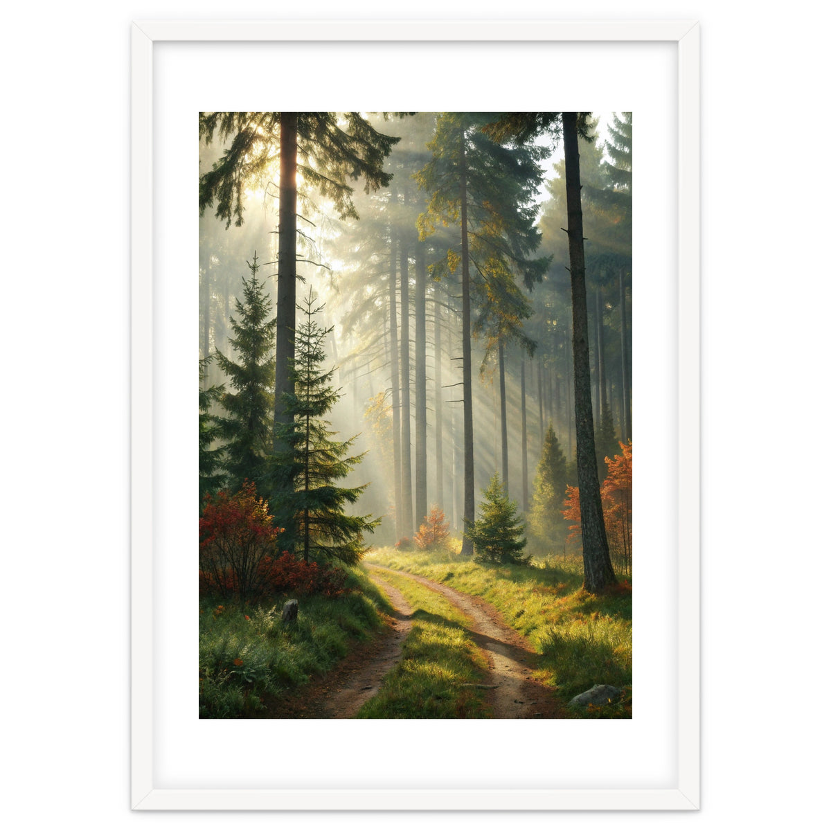 The Golden Path: Ethereal Sunbeams Piercing Through a Misty Evergreen Forest at Dawn