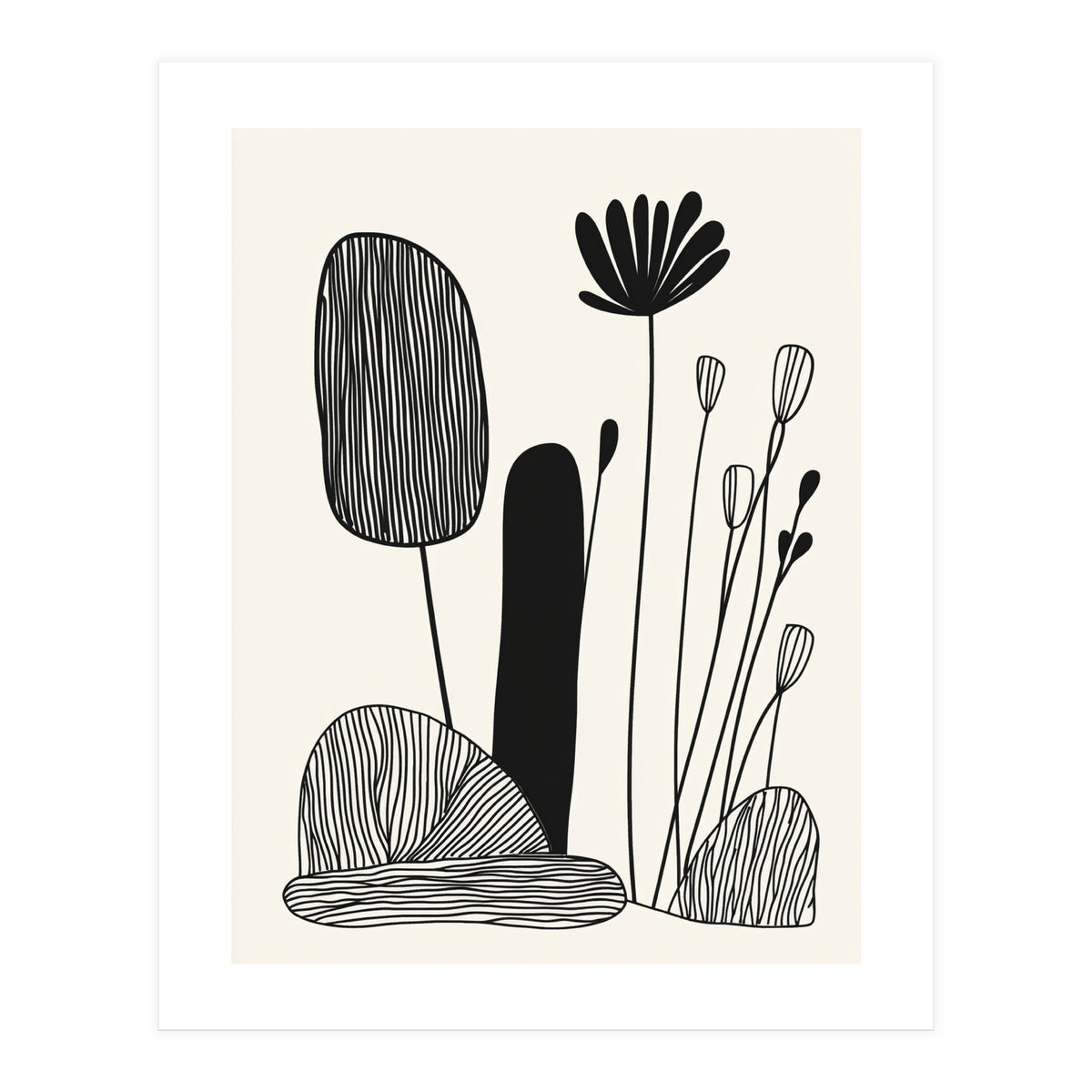 Abstract Black And White Botanical Illustration With Organic Shapes (Print Only)