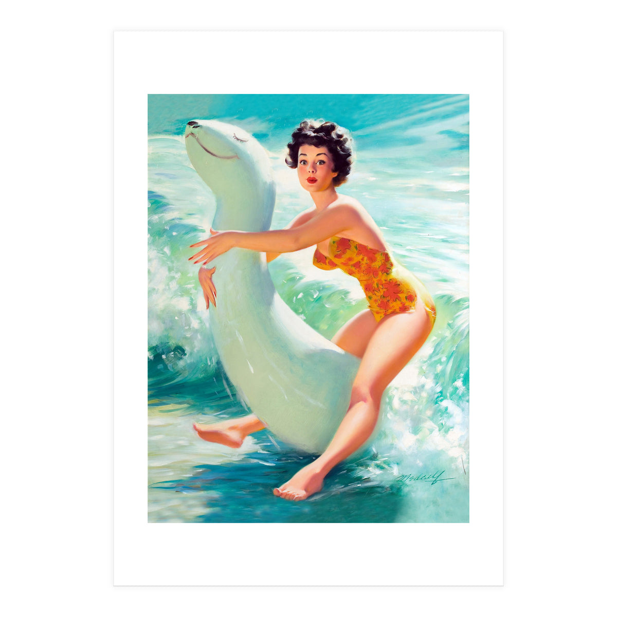 Happy Pinup Girl On The Beach Hugging Her Rubber Toy (Print Only)