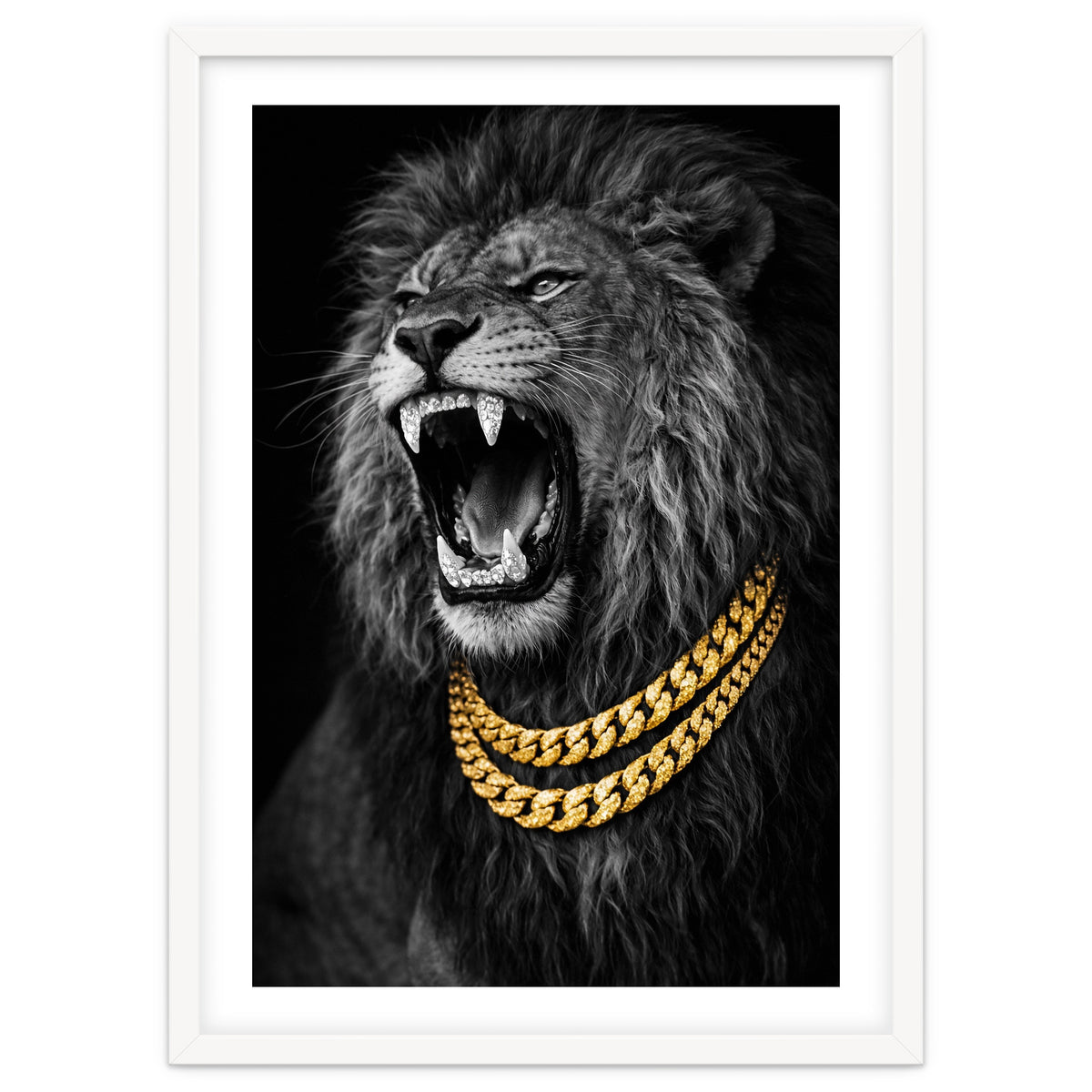 Bejweled hyper-realistic lion photography,diamond fangs portrait