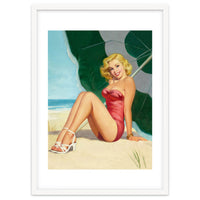 Sexy Pinup Girl On The Beach Under Big Sunshade