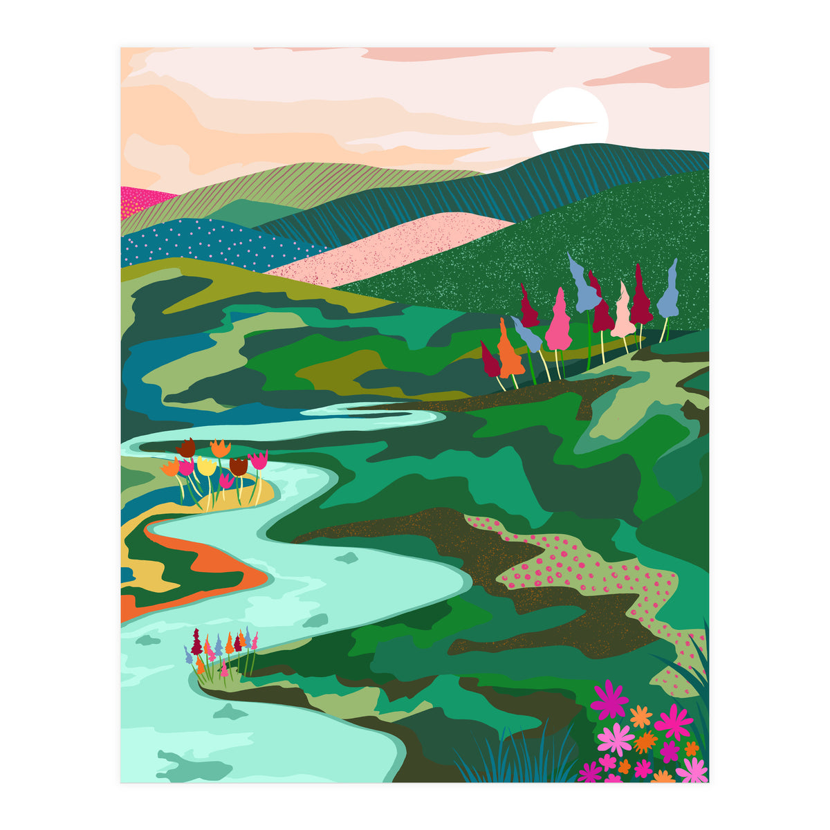 Endless Love, Bohemian Nature Landscape Scenic Meadow, Eclectic Colorful Travel Forest Mountains Sunset (Print Only)