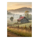 Rustic Red Roof Barn in Misty Morning Valley Landscape (Print Only) thumbnail