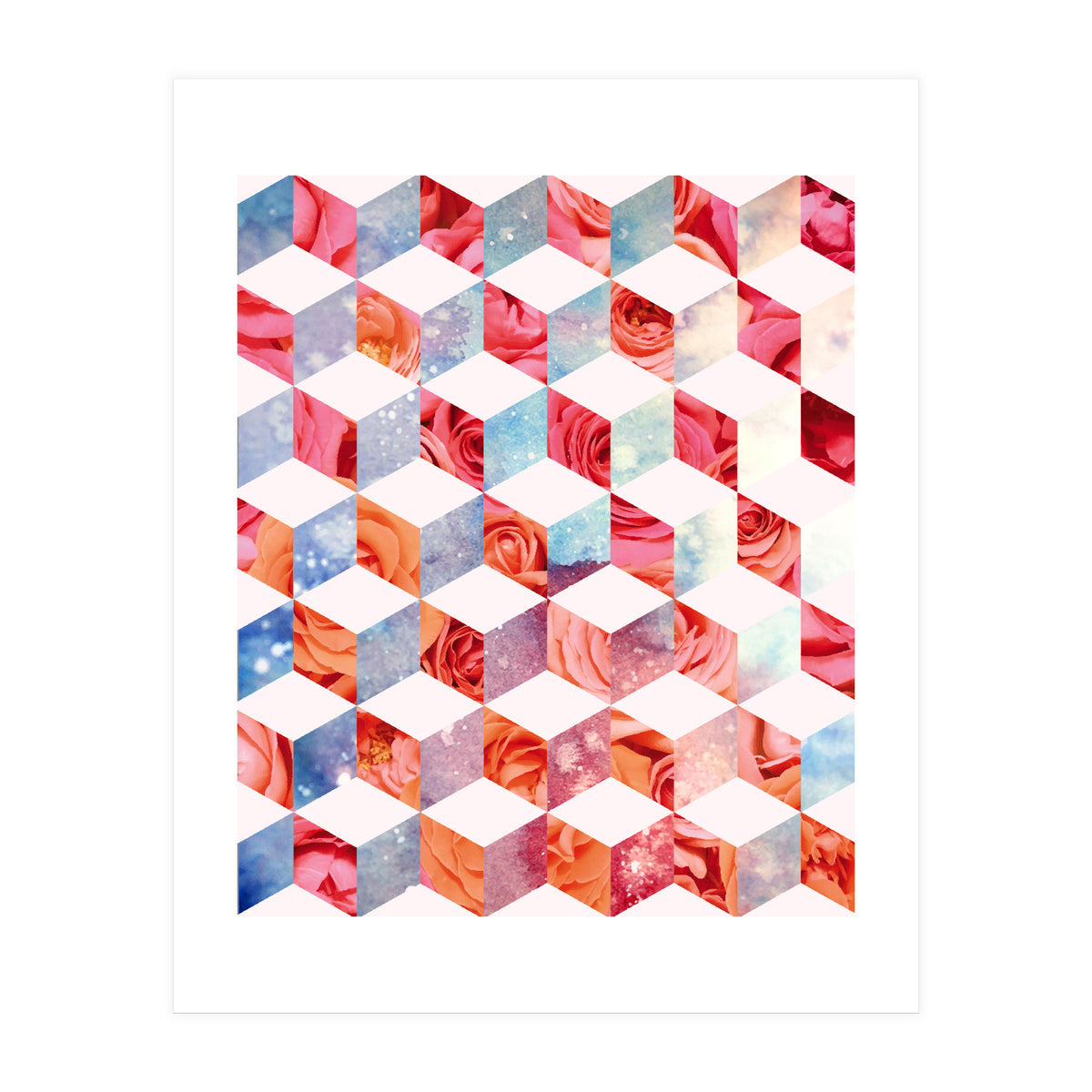 Eve's Sweet Garden of Roses, Geometrical Eclectic Shapes Digital Collage, Surrealism Floral illusion (Print Only)