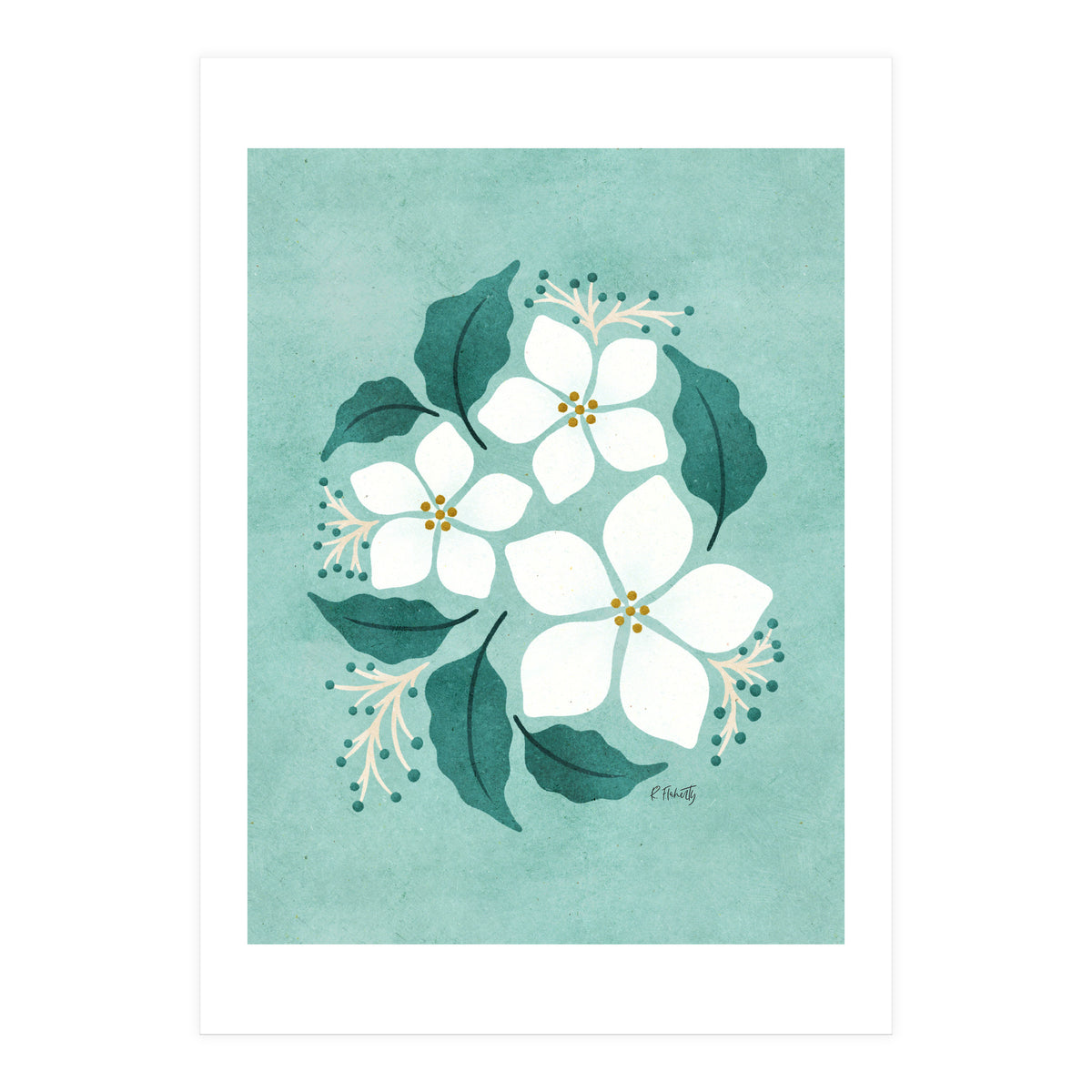 White Flowers On Mint (Print Only)