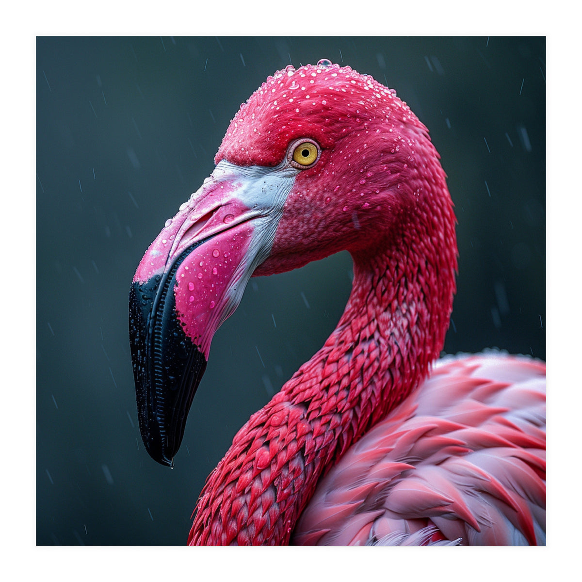 Close Up Pink Flamingo In Rain Drops (Print Only)