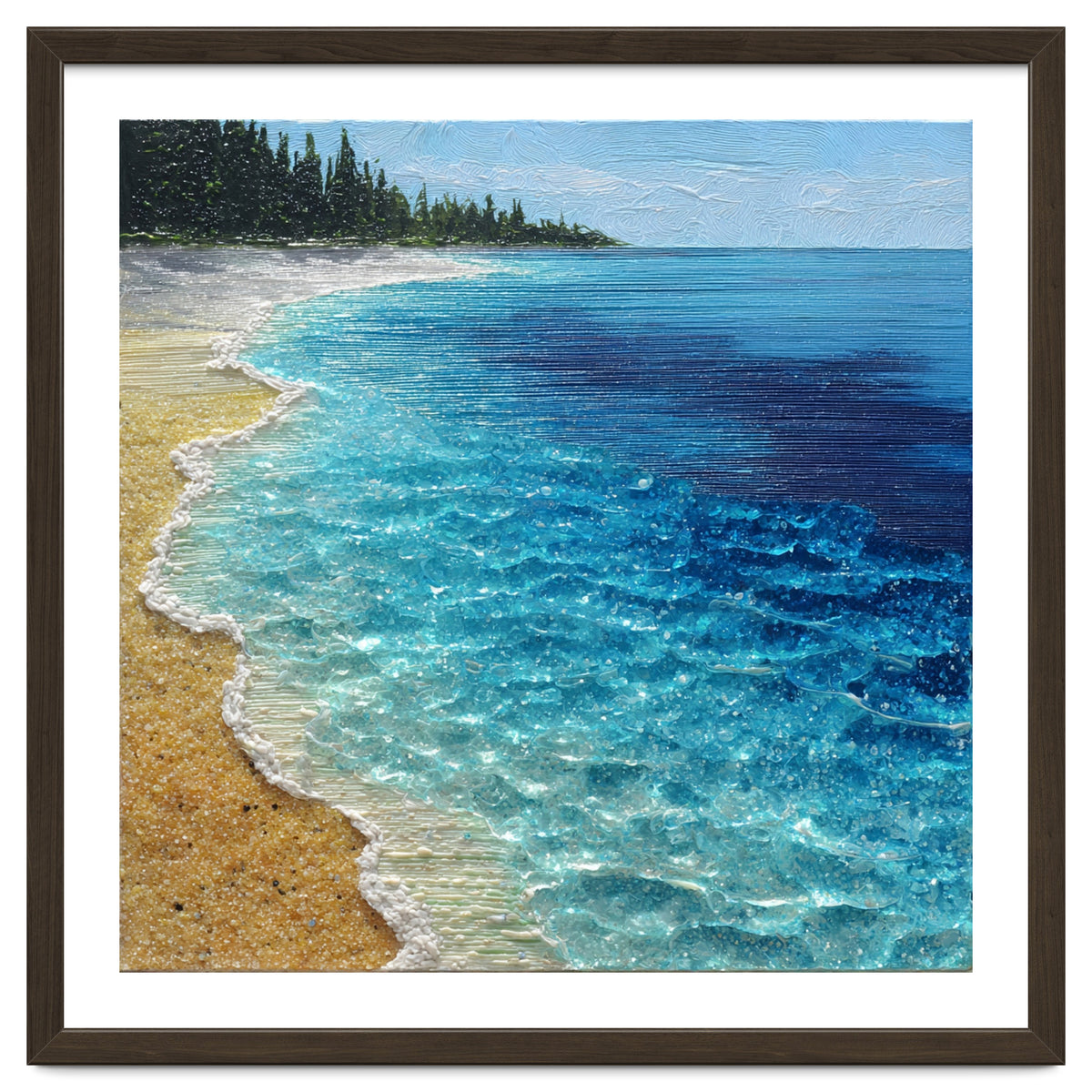 Sun-Drenched Coastal Shoreline with Textured Impasto Waves